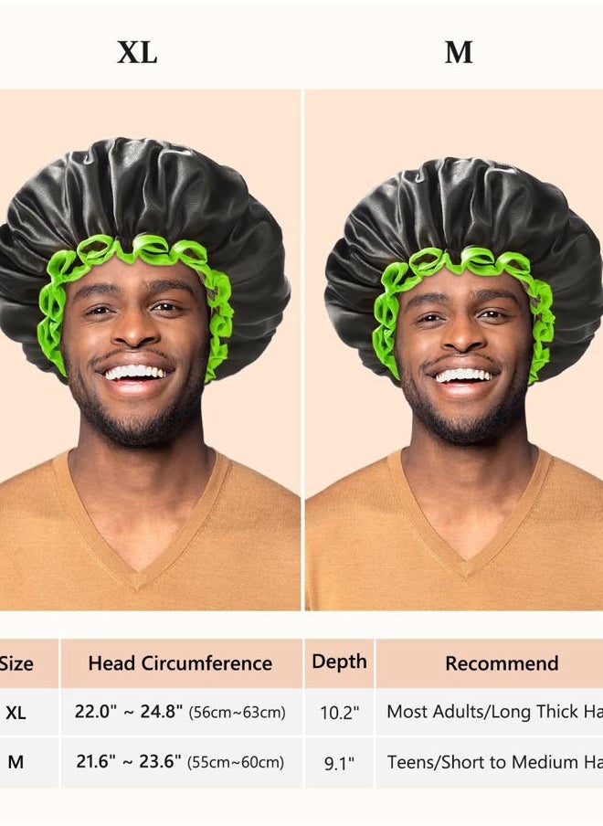 mikimini Extra Large Black Shower Caps Pack of 2 for Women and Men Thick Long Hair Braids, Reusable Waterproof Double Layers XL Bathing Hair Cap with Vibrant Green Edge (Black)  - Image 2