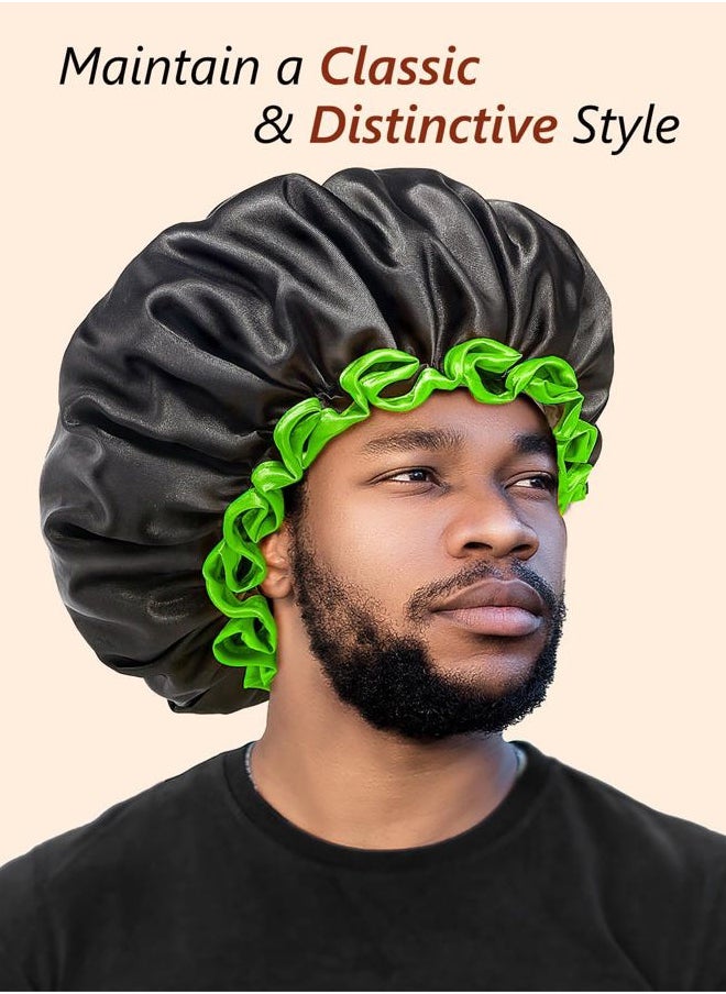 mikimini Extra Large Black Shower Caps Pack of 2 for Women and Men Thick Long Hair Braids, Reusable Waterproof Double Layers XL Bathing Hair Cap with Vibrant Green Edge (Black)  - Image 4