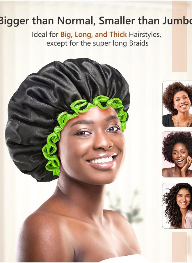 mikimini Extra Large Black Shower Caps Pack of 2 for Women and Men Thick Long Hair Braids, Reusable Waterproof Double Layers XL Bathing Hair Cap with Vibrant Green Edge (Black)  - Image 3