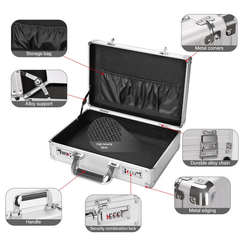 LOCKCURX File Organizer Storage Box - 14.2 x 9.4 x 4.5 Inch Medium, Portable Locking Storage Totes with Dual Combination Locks for Passports, Medications and Small Personal Items- Silver - Image 4