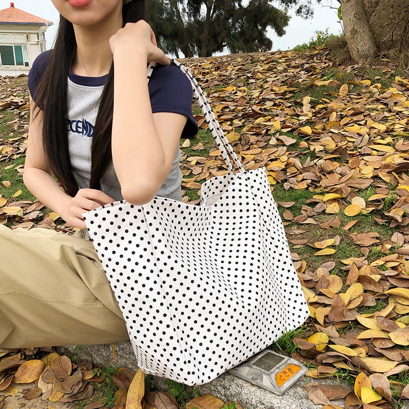 Summer Commuter Wave Point Canvas Bag Ins Casual Simple Large Capacity Shopping Bag Women'S Bag Fashionable Korean Style Shoulder Bag - Image 4