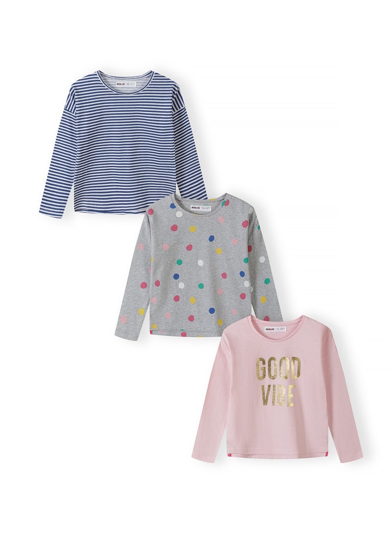 مينوتي طقم 3 بلوزات بناتي قطنية بأكمام طويلة وطبعات متنوعة - Image 1