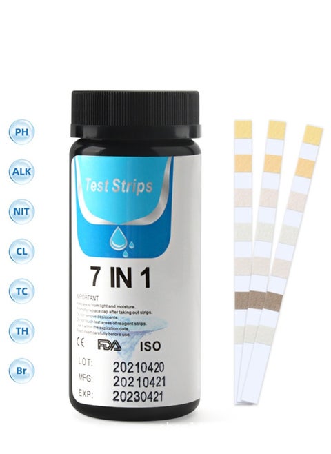 50-Piece Chlorine pH Test Strips Swimming Pool Water Tester Paper for Total Hardness/Total Chlorine/Free Chlorine/Bromine/pH/Total Alkalinity/Nitrite 7-in-1 Test Strips Spa and Pool Test Strips
