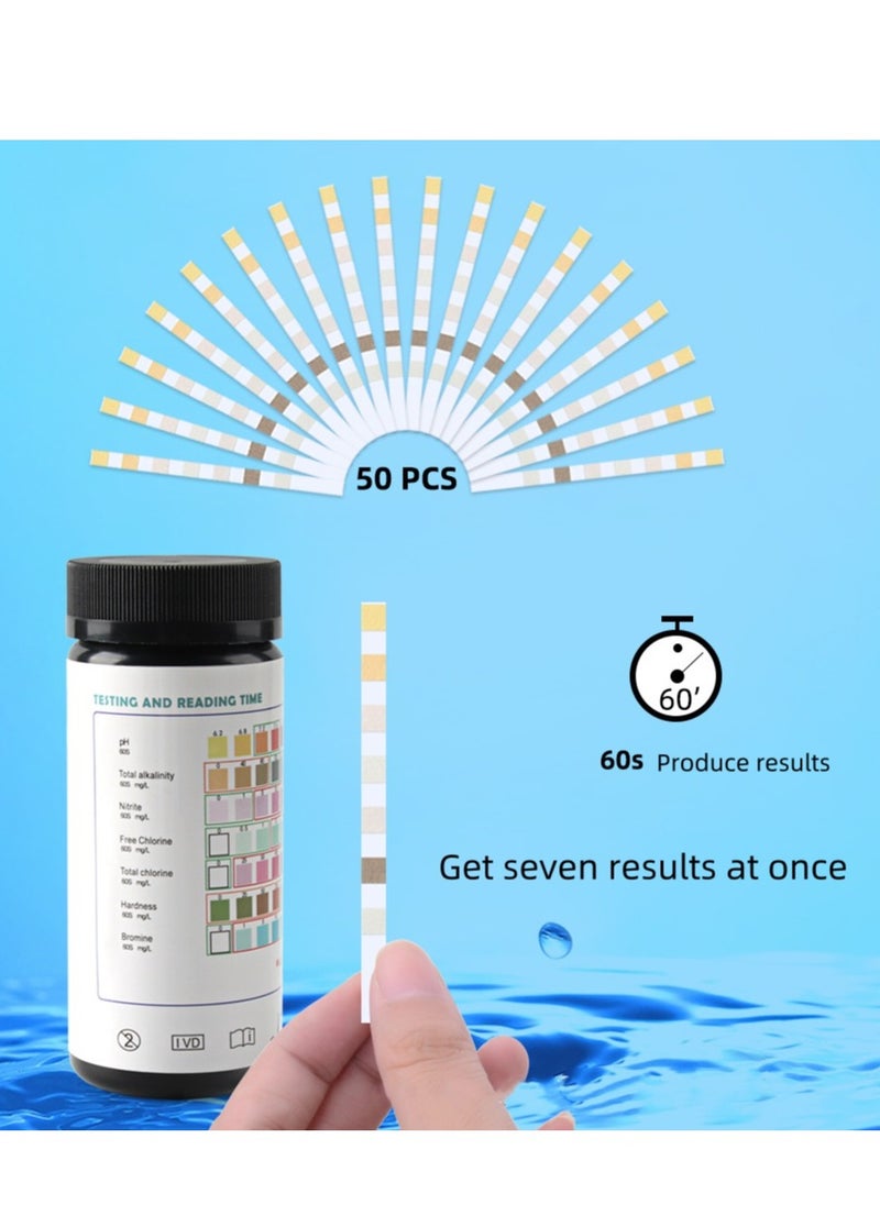 Generic - 50 قطعة من شرائط اختبار درجة حموضة الكلور في حمام السباحة، ورقة اختبار مياه حمام السباحة للصلابة الكاملة/الكلور الكلي/الكلور الحر/البروم/الأس الهيدروجيني/القلوية الكلية/النيتريت، شرائط اختبار 7 في 1، شرائط اختبار السبا وحمام السباحة - Image 1