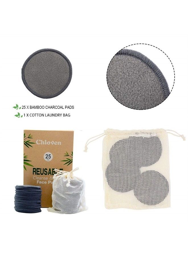 Chloven 25 Pack Charcoal Bamboo Reusable Makeup Remover Pads - Bamboo Reusable Cotton Rounds for Toner, Washable Eco-Friendly Pads for All Skin Types with Cotton Laundry Bag - Image 2