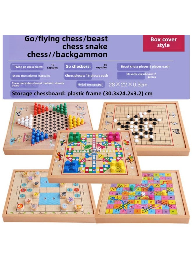 Checkers Gobang Chess Flying Chess Colosseum Chess Multifunctional Table Game Children Student Toy Chess-Color:Box Cover Model Five-in-one: Jump + Snake + Fly + Bucket + Five 