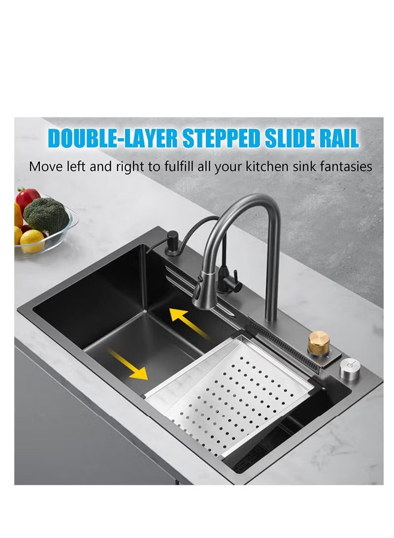 حوض المطبخ Flying Rain Waterfall من الفولاذ المقاوم للصدأ، حوض مطبخ مدمج، حوض مطبخ واحد، مع شاشة عرض رقمية LED، مفتاح ترموستات يدوي  - Image 5