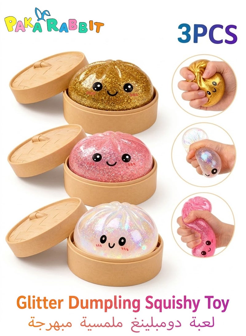 Paka Rabbit 3PCS Glitter Dumpling Squishies with Box,Glitter Dumpling Mystery Box,Colorful Dumpling Stress Balls Fidget,Jumbo Squishy Toy with Steamer Box,Soft Squeeze , Colorful Fidget Sensory Toy. - Image 1