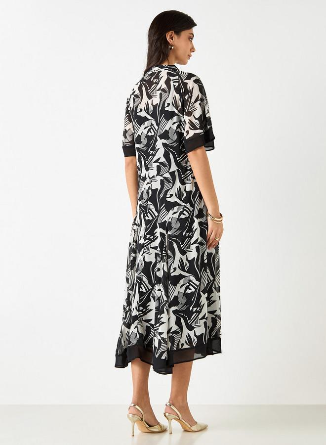 ايكونيك فستان ميدي إيه لاين بياقة بفيونكة وطبعات - Image 3