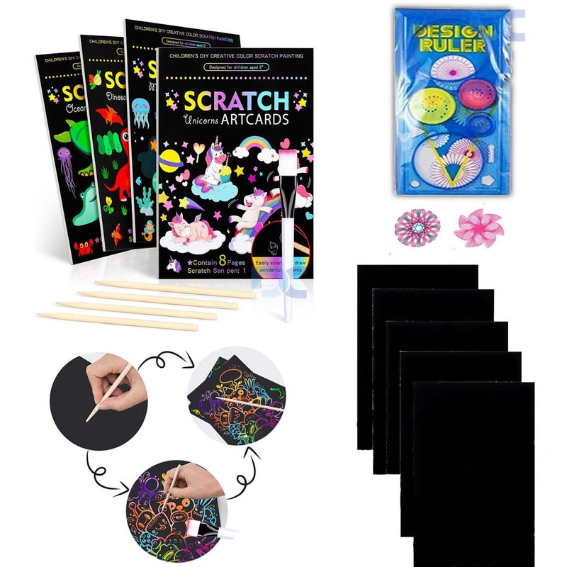 Daily Crafts هدايا العودة للحفلات للأطفال - 4 قطع كتاب خدش + فرشاة + مسطرة إبداعية للأطفال، كتاب سحري للأعمار 3 4 5 6 7 هدايا العودة للحفلات للأطفال البنات، الأولاد - Image 1