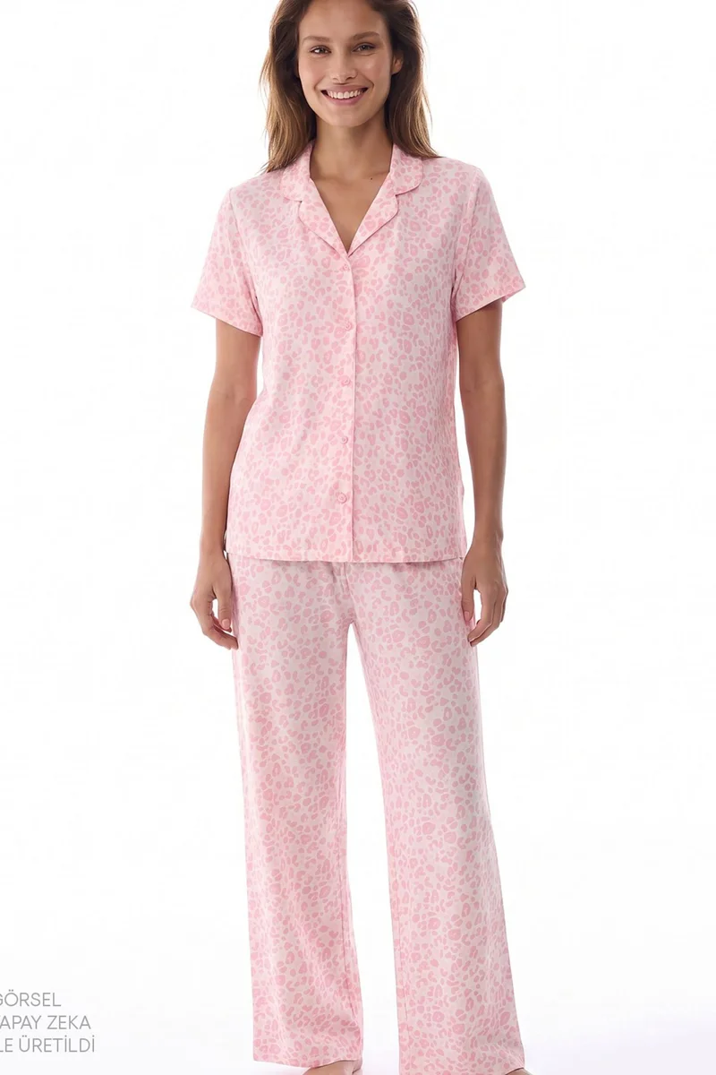 Penti PENTI Leopard Short Sleeve Shirt Pants Pajama Set