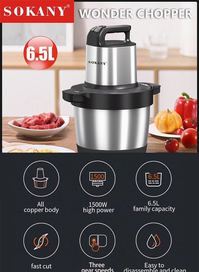 sokany 3-Speeds 6.5L Electric Meat Grinder Chopper Food Processor 4-Blades 1500W SK-YM-7033 Black/Silver  - Image 2