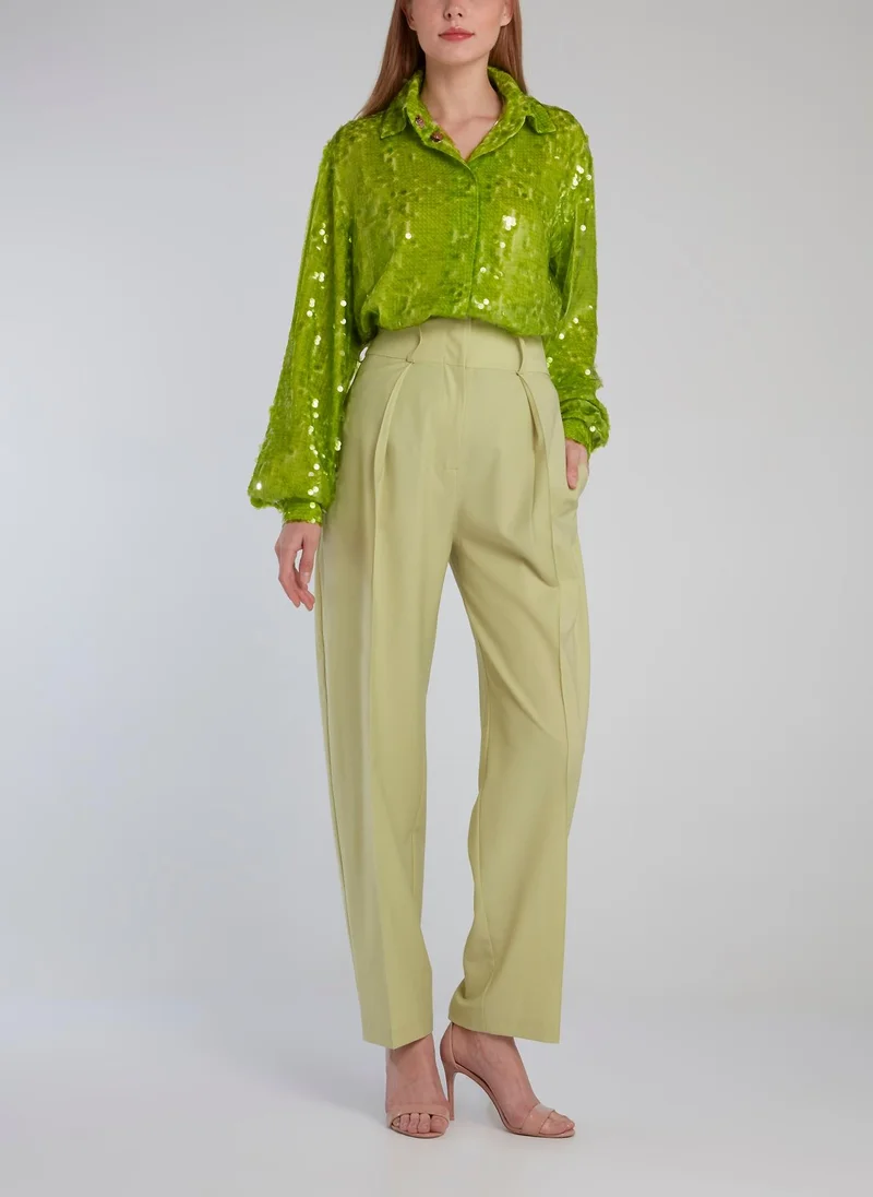 Anouki Lime High Waist Front Pleated Tapered Trousers