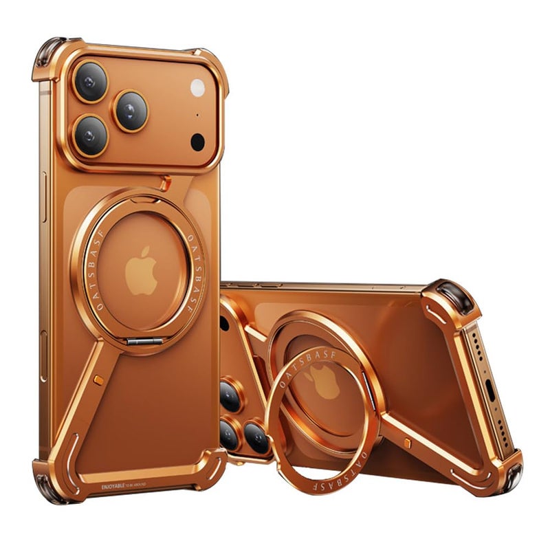 Omio for iPhone 17 Pro Max Bumper Case Compatible with MagSafe Magnetic Kickstand Slim Aluminum Metal Frameless Borderless Minimalist Design Z Case Shockproof Stand Cover for Men Orange - Image 2
