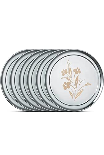 Ateer Stainless Steel Dinner Plate Flower Print Design, Set of 6 pc (Silver)
