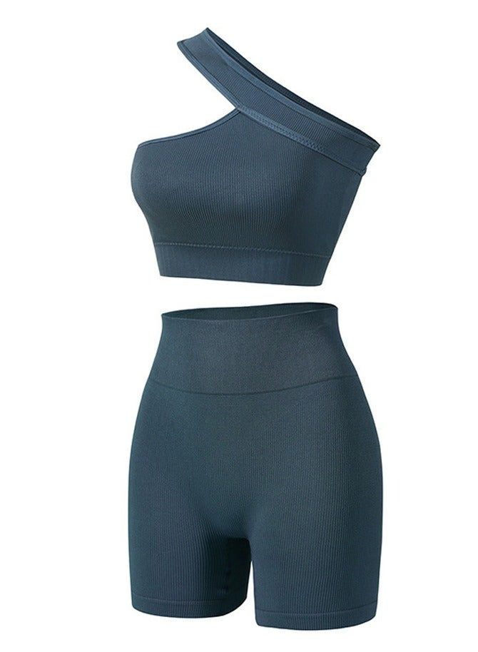 Loquat Women's Solid Color Sport Fitness Lingerie Set 2-piece Seamless Wireless Sloping Shoulders Vest+High Waist Boxer Briefs Sport Suit Dusty Blue 