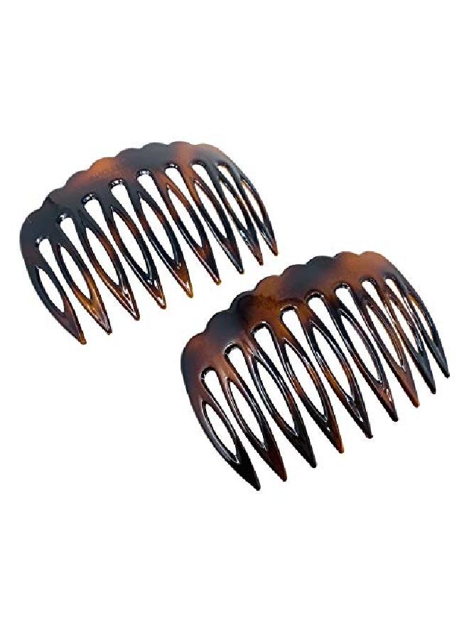 Parcelona French Scallop Edge Tortoise Shell Brown Small 2 3/4” Celluloid 9 Teeth Set Of 2 Good Grip Hair Side Combs For Women And Girls - Image 2