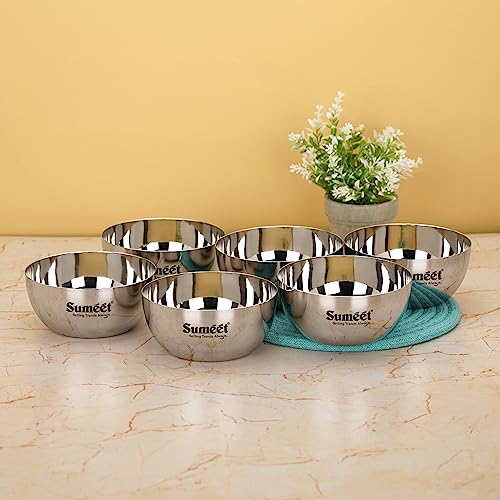 Sumeet Heavy Gauge Stainless Steel Big Size Apple Bowl/Wati/Katori with Mirror Finish – 11cm Dia, Set of 6pc, 400ML Each, Silver - Image 1