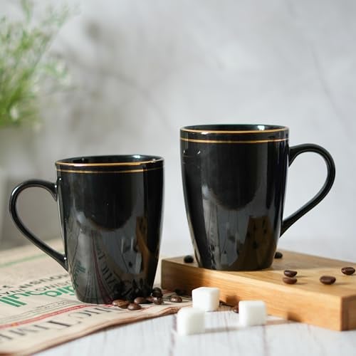 Femora Gold Series Ceramic Coffee Mug - Set of 2(360ml) Multi - Color Tea Cups, Stackable, Chip Resistant, Large Serving Coffee Cup, Ideal Coffee Mug for Gift - Black - Image 1