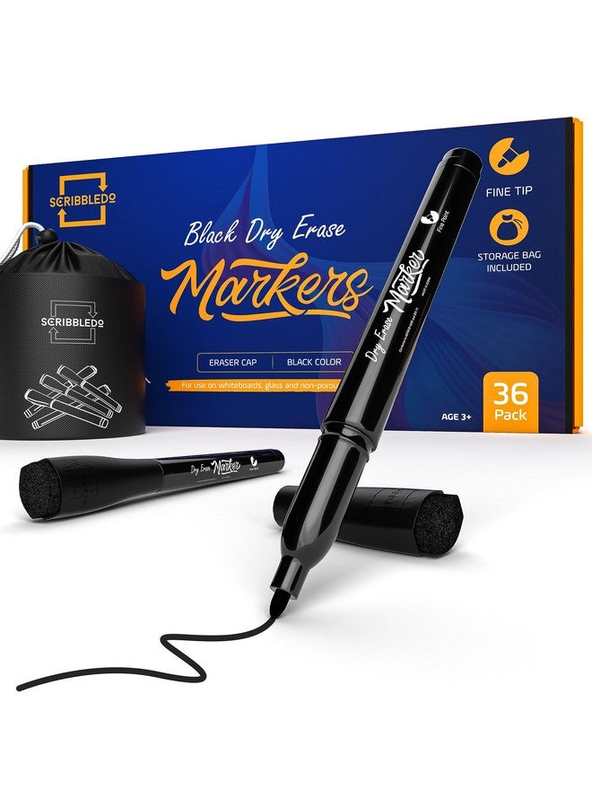 Scribbledo 36 Pack Dry Erase Markers Black Fine Tip Whiteboard Markers With Eraser Cap Thin Low Odor Skinny White Board Markers For Kids Adults Students Teachers Home School & Office - Image 1