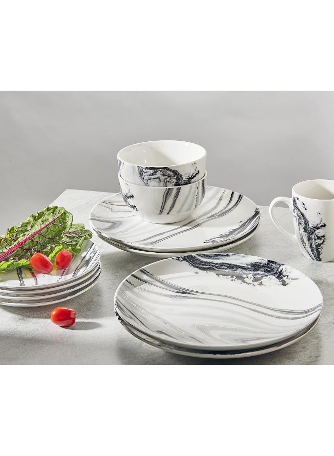 American Atelier Marble Coupe Dinnerware Set  16Piece Porcelain Dinner Party Collection w 4 Dinner Plates 4 Salad Plates 4 Bowls  4 Mugs  Gift Idea for Any Special Occasion WhiteBlack - Image 2