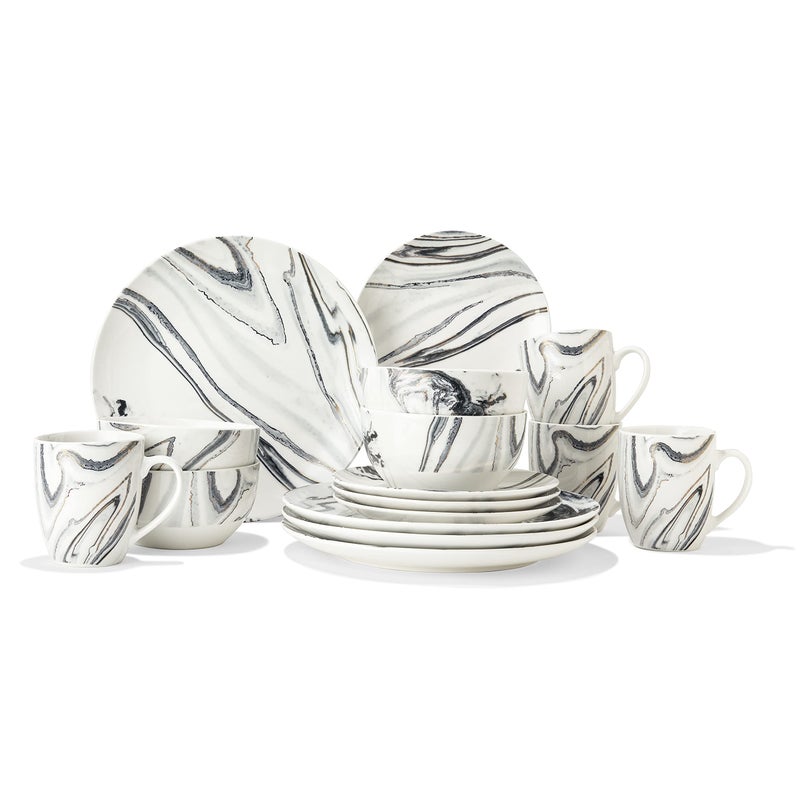 American Atelier Marble Coupe Dinnerware Set  16Piece Porcelain Dinner Party Collection w 4 Dinner Plates 4 Salad Plates 4 Bowls  4 Mugs  Gift Idea for Any Special Occasion WhiteBlack - Image 1