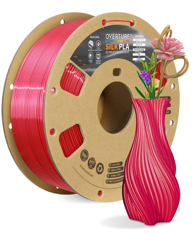OVERTURE Silk PLA Filament 1.75mm, Clog-Free Shiny, Metallic Shine 3D Printer Filament, 1kg Spool (2.2lbs), Ideal for Cosplay Jewelry & Home Decor (Silk Red) - Image 1
