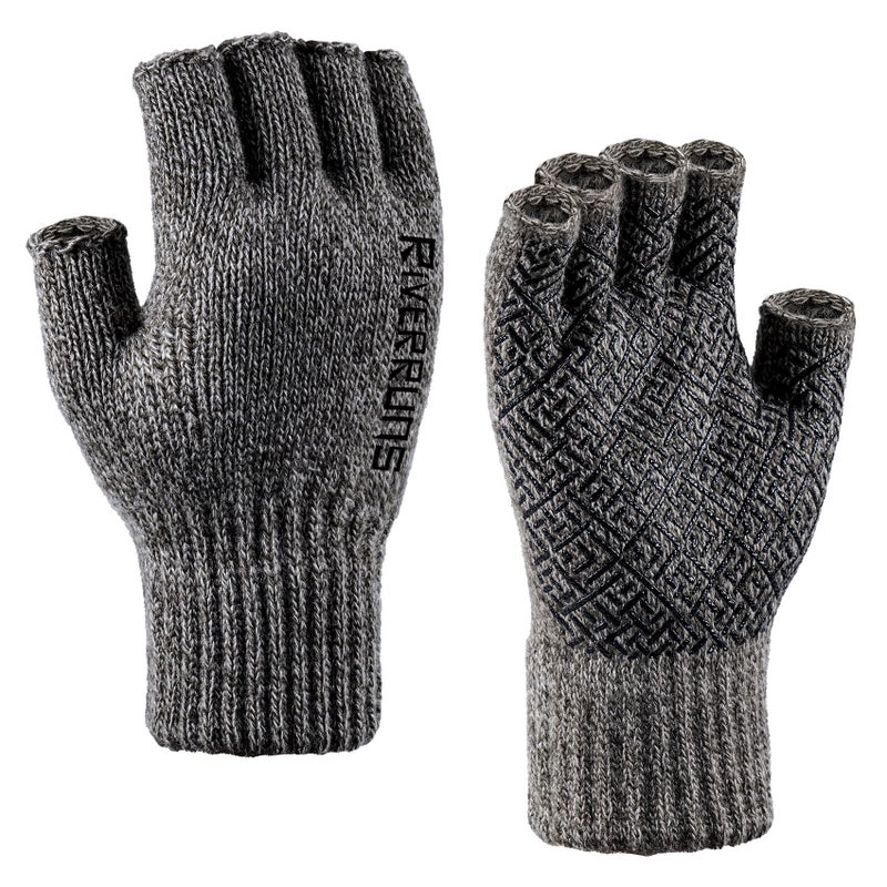 Riverruns Wool Fingerless Gloves for Men Women, Anti-Slip with Grip Print, Thermal & Soft Winter Fingerless Knitted Gloves for Cold Weather, Hunting Fishing Hiking Kayaking (Gray, S/M) - Image 1