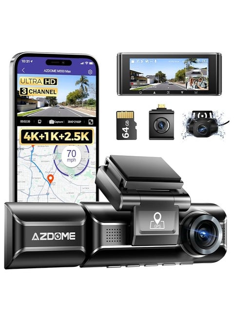 ازدوم M550 Max كاميرا لوحة القيادة 4K 3 قنوات، 4K+1080P+2.5K امامية وخلفية داخلية مدمجة واي فاي جي بي اس، بطاقة 64GB، كاميرا سيارة ثلاثية مع شاشة 3.2 انش، رؤية ليلية بالاشعة تحت الحمراء، WDR، وضع وقوف 24 ساعة