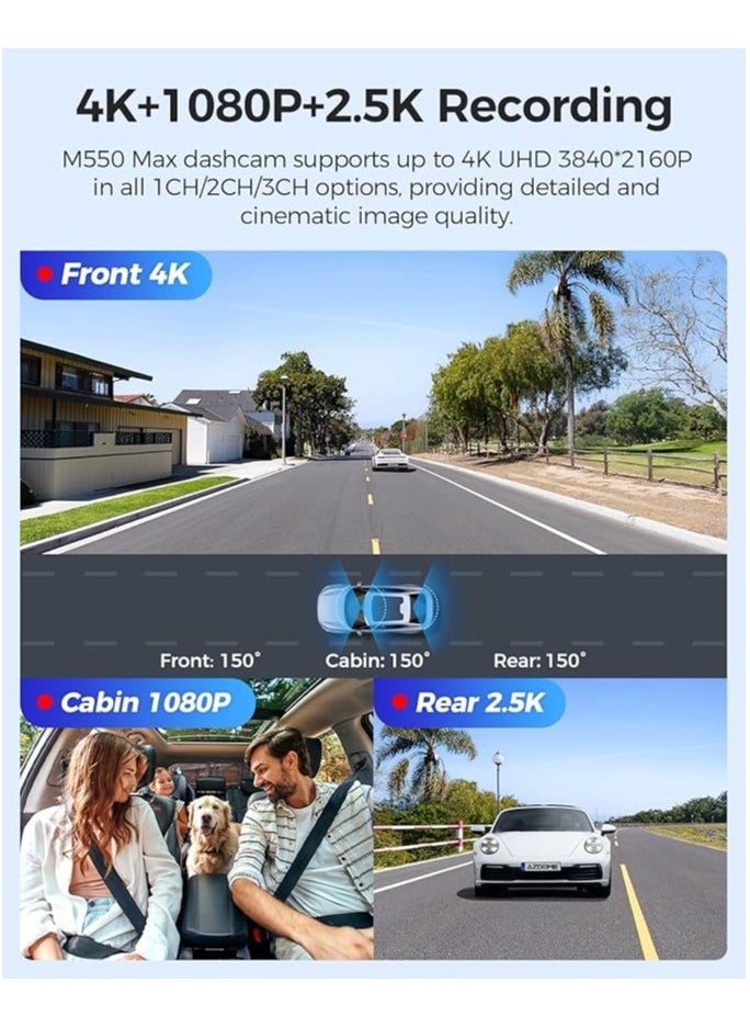 ازدوم M550 Max كاميرا لوحة القيادة 4K 3 قنوات، 4K+1080P+2.5K امامية وخلفية داخلية مدمجة واي فاي جي بي اس، بطاقة 64GB، كاميرا سيارة ثلاثية مع شاشة 3.2 انش، رؤية ليلية بالاشعة تحت الحمراء، WDR، وضع وقوف 24 ساعة