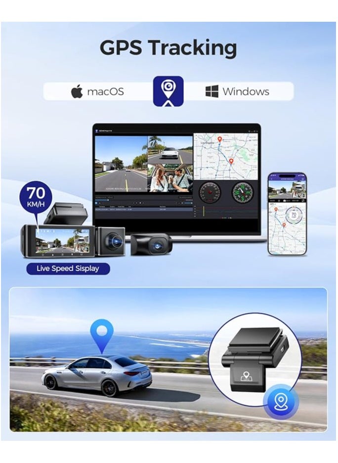 ازدوم M550 Max كاميرا لوحة القيادة 4K 3 قنوات، 4K+1080P+2.5K امامية وخلفية داخلية مدمجة واي فاي جي بي اس، بطاقة 64GB، كاميرا سيارة ثلاثية مع شاشة 3.2 انش، رؤية ليلية بالاشعة تحت الحمراء، WDR، وضع وقوف 24 ساعة