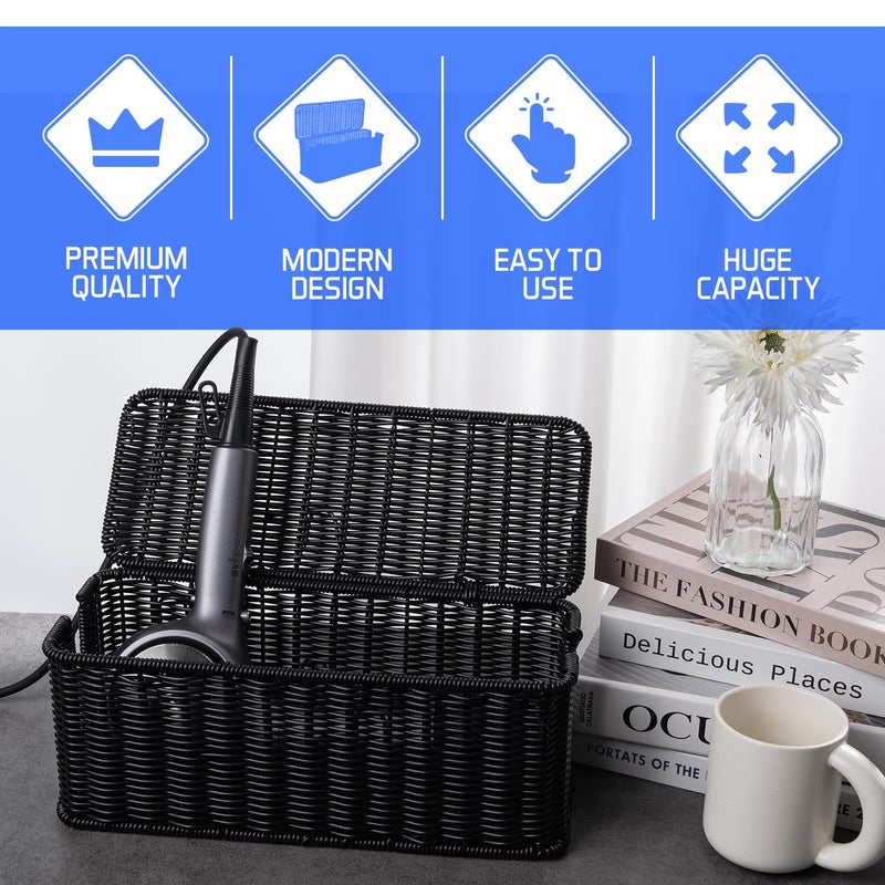 Cantalop Cable Management Box, Handmade Rattan Cable Organizer with 2 Open Slots, Cord Hider for Power Strip, Router & USB Hub, Registered U.S. Design Patent (D1,112,102), 13" x 5.1" x 5.1", Black - Image 4
