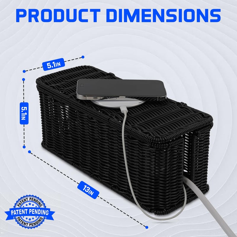 Cantalop Cable Management Box, Handmade Rattan Cable Organizer with 2 Open Slots, Cord Hider for Power Strip, Router & USB Hub, Registered U.S. Design Patent (D1,112,102), 13" x 5.1" x 5.1", Black - Image 2