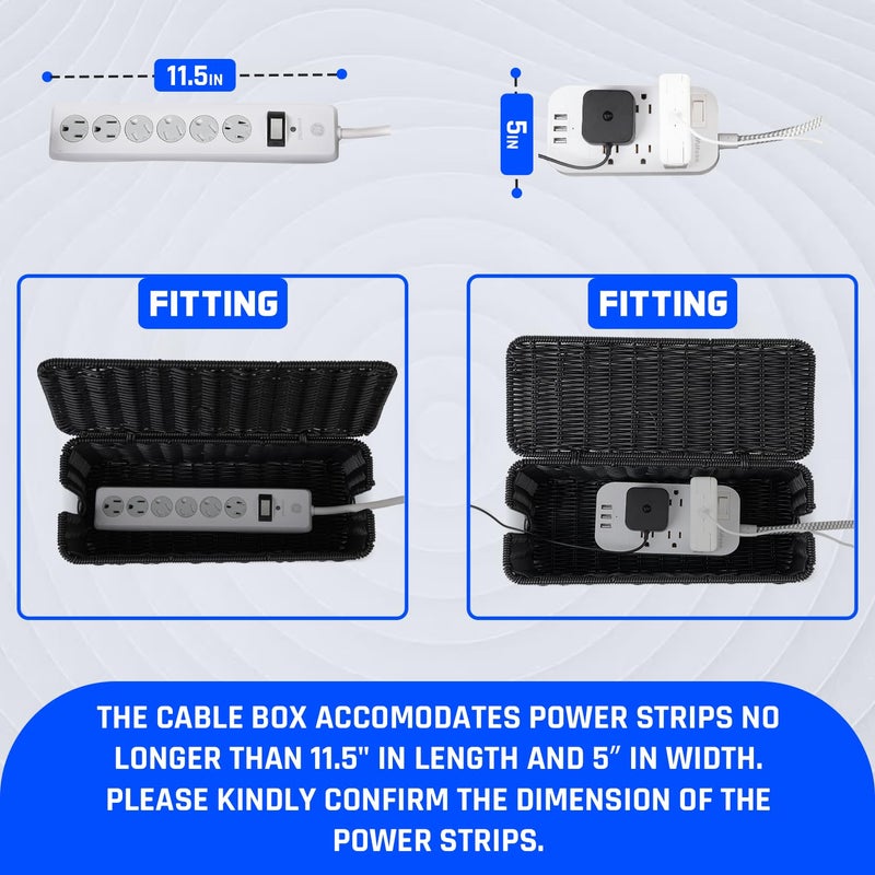 Cantalop Cable Management Box, Handmade Rattan Cable Organizer with 2 Open Slots, Cord Hider for Power Strip, Router & USB Hub, Registered U.S. Design Patent (D1,112,102), 13" x 5.1" x 5.1", Black - Image 3