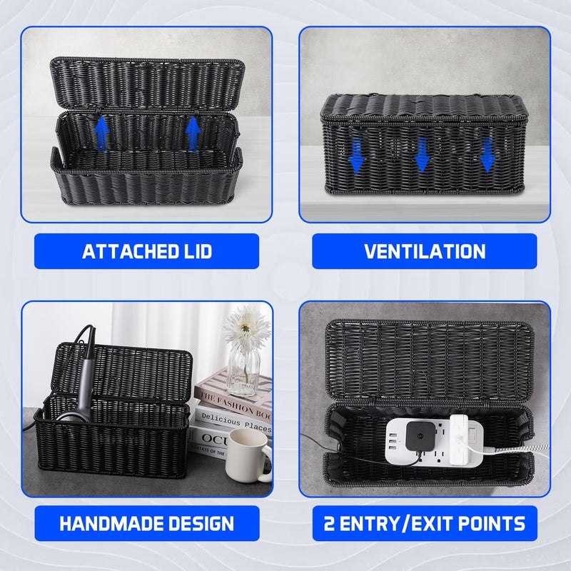Cantalop Cable Management Box, Handmade Rattan Cable Organizer with 2 Open Slots, Cord Hider for Power Strip, Router & USB Hub, Registered U.S. Design Patent (D1,112,102), 13" x 5.1" x 5.1", Black - Image 5