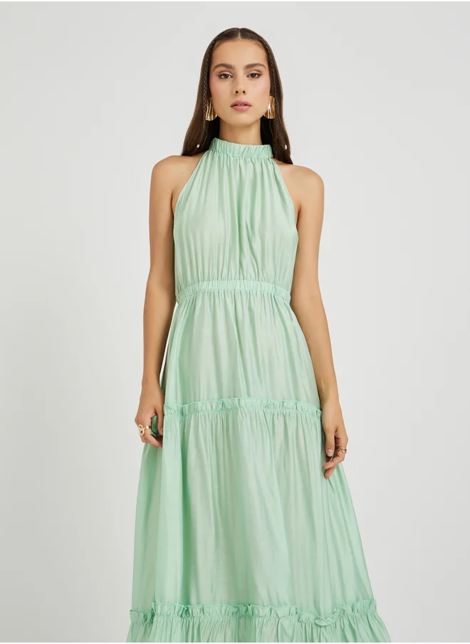 Take Two Take Two Solid High Neck Sleeveless Tiered Maxi Dress