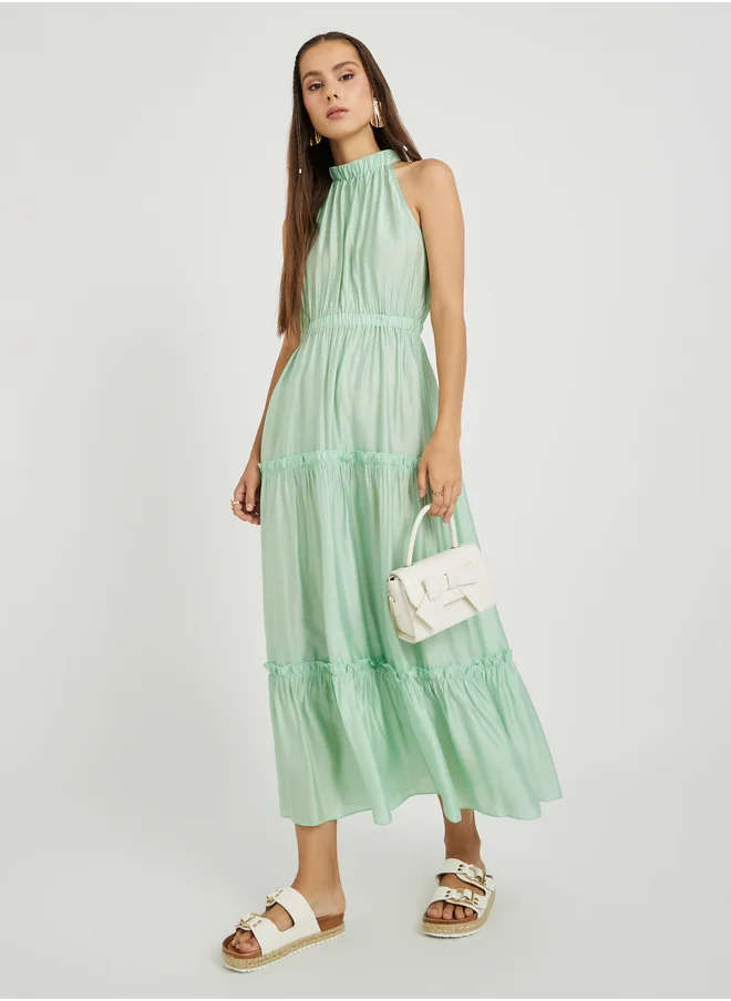 Take Two Take Two Solid High Neck Sleeveless Tiered Maxi Dress