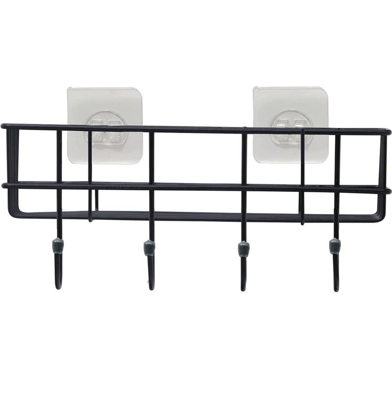 PACKSON Wall-Mounted Bathroom Rack with 4 Hooks, Black Metal Storage Shelf, Self-Adhesive Installation - Image 1