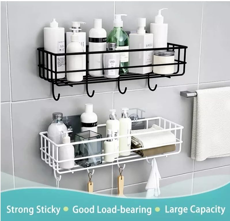 PACKSON Wall-Mounted Bathroom Rack with 4 Hooks, Black Metal Storage Shelf, Self-Adhesive Installation - Image 4