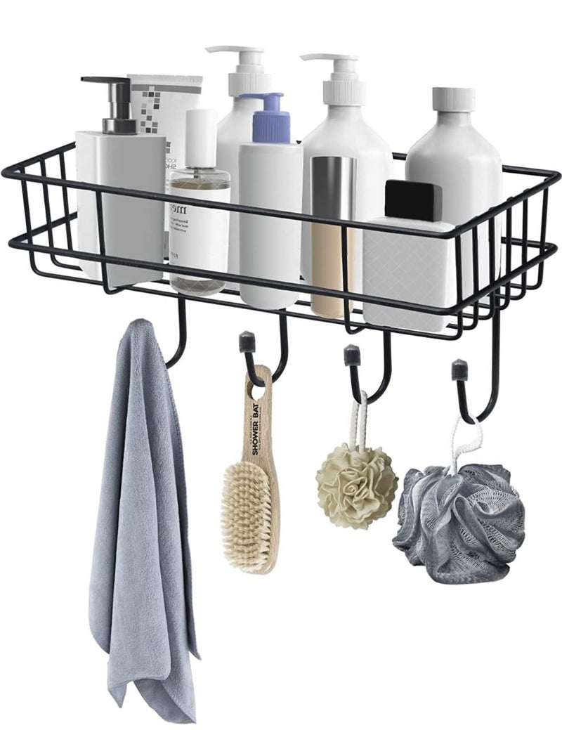 PACKSON Wall-Mounted Bathroom Rack with 4 Hooks, Black Metal Storage Shelf, Self-Adhesive Installation - Image 2