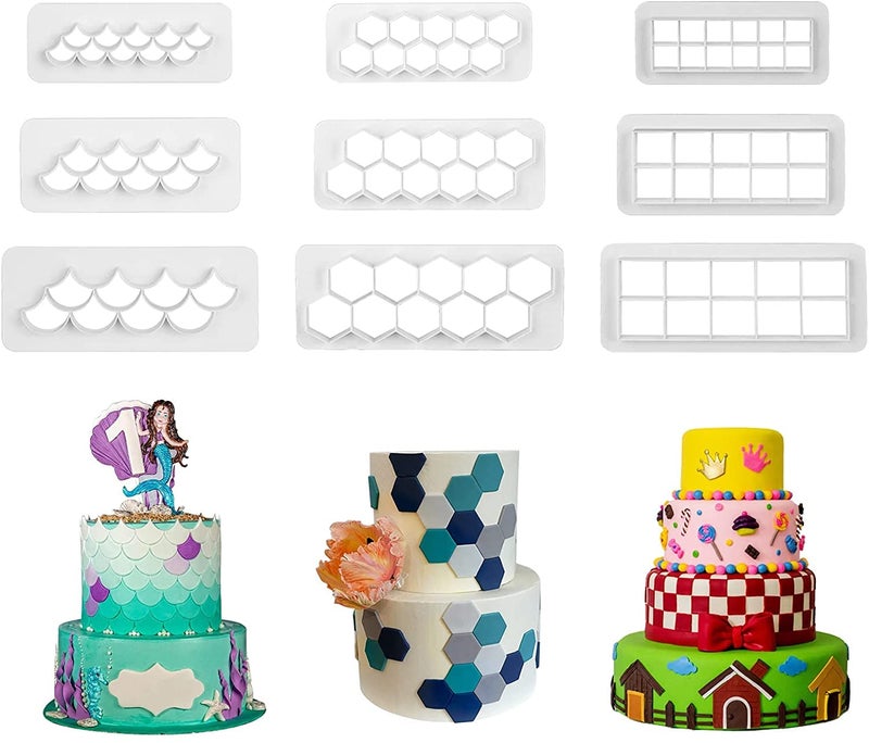 Jubilant Plastic Geometric Fondant Mold Cookie Clutters for Birthday Cake Decoration in Shape of Square and Hexagon Mermaid Pattern Cutters Scale (Set of 9 Pcs)(Color: White) - Image 1