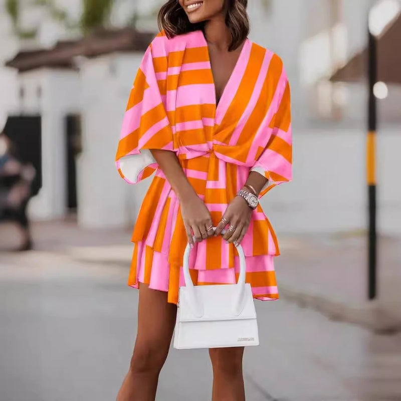 V Neck Loose Batwing Sleeve Printed Dress Women Casual - Image 2