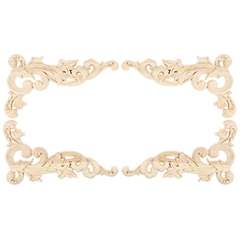 MUXSAM Wood Carved Appliques Onlays, 2-Pair Unpainted Wooden Carvings Decal Corner Decorative Plaques for Wall Cabinet Cupboard Mirrors Fireplace Closet Dresser Doors DIY Project, 19x11cm/7.48"x4.33" - Image 1