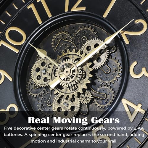 AYRELY® 24IN Decorative Moving Gear Large Wall Clock, Oversized Industrial Steampunk Gears, Big Numerals Wall Clock for Modern Living Room Decor (Black) - Image 2