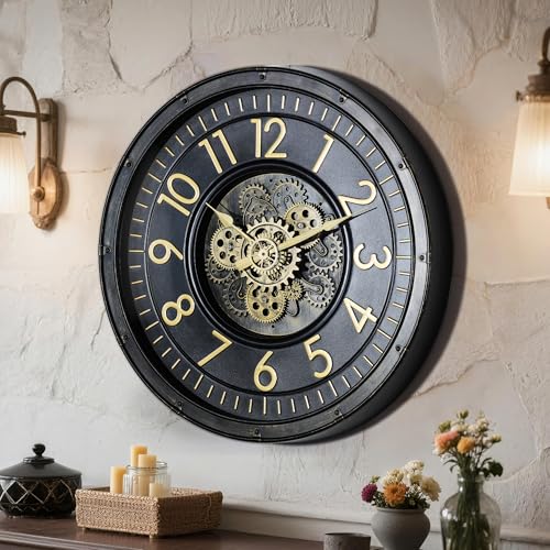 AYRELY® 24IN Decorative Moving Gear Large Wall Clock, Oversized Industrial Steampunk Gears, Big Numerals Wall Clock for Modern Living Room Decor (Black) - Image 1