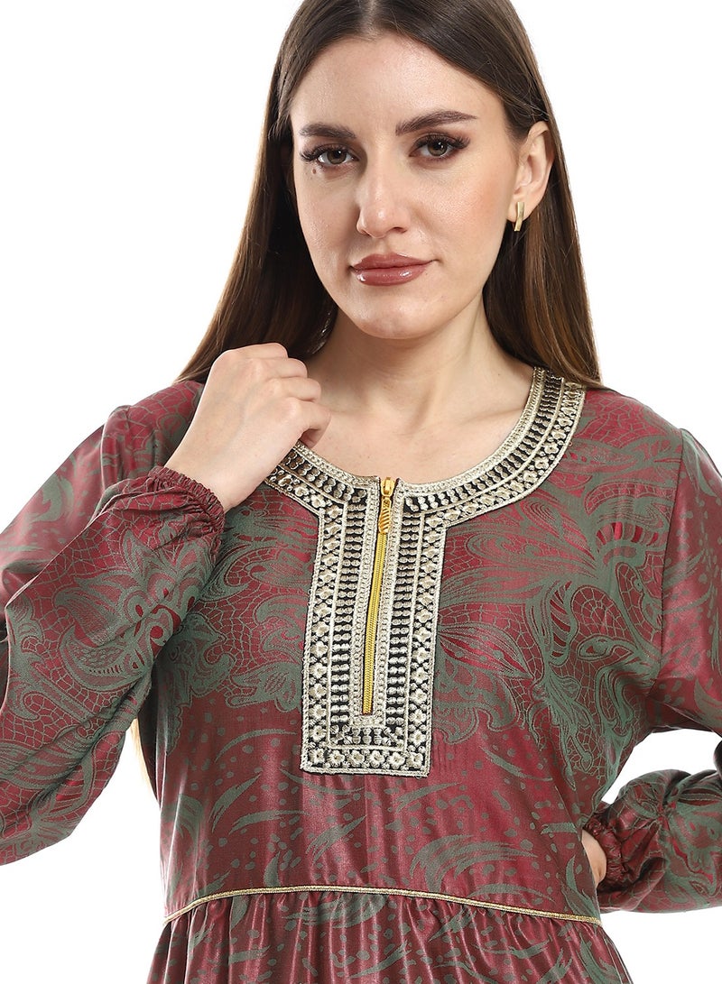 Jacquard Cotton Dress with Cerma Embroidered Chest and Zipper - 603 Dark Red - Image 4