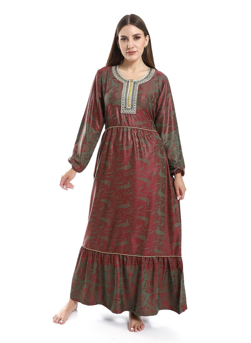 Jacquard Cotton Dress with Cerma Embroidered Chest and Zipper - 603 Dark Red - Image 1