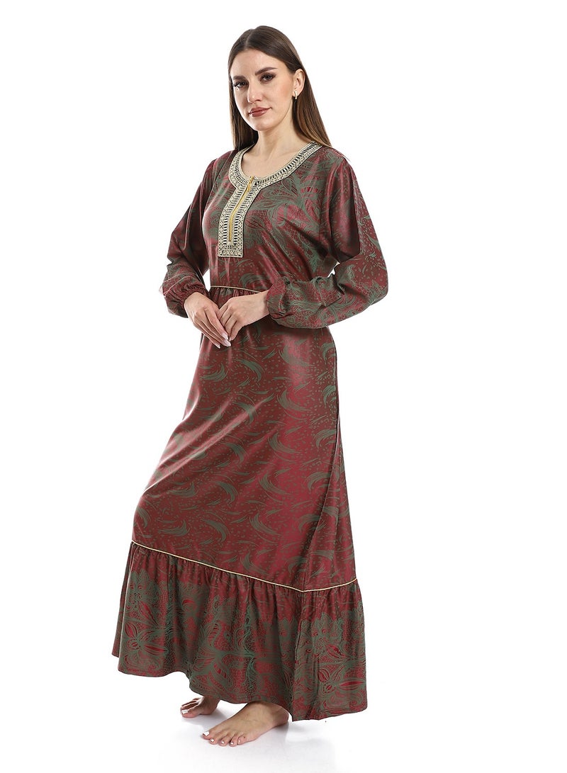 Jacquard Cotton Dress with Cerma Embroidered Chest and Zipper - 603 Dark Red - Image 3