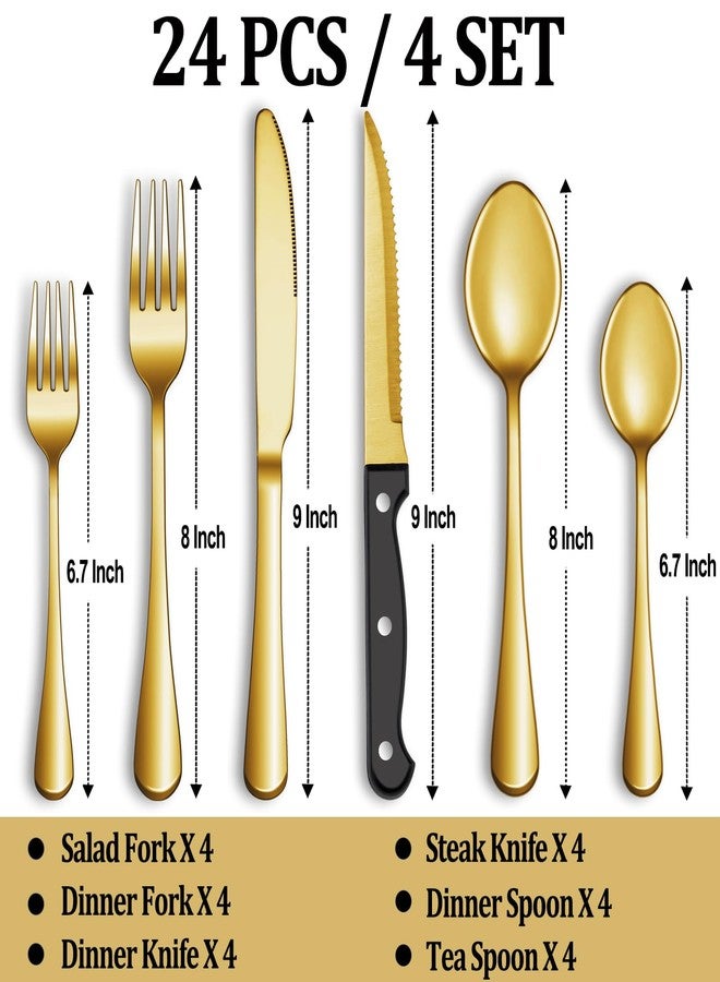 MUTNITT 24 Pcs Gold Silverware Set with Steak Knives, Stainless Steel Flatware Cutlery Set Service for 4, Kitchen Tableware Set, Utensil Set for Home and Restaurant, Knives Forks Spoon Set, Dishwasher Safe - Image 2