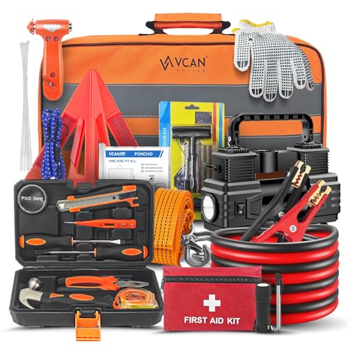 VCAN ACTIVE Car Emergency Kit with Portable Air Compressor First Aid Kit Jumper Cables Roadside Safety Emergency Tool Kit for Women Men Teen - Image 1